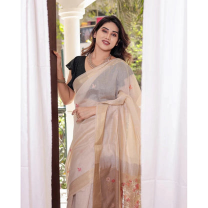Women's Blended_Cotton Woven_Motifs Saree With Unstitched Blouse 5.5Mtr (Light_Beige)