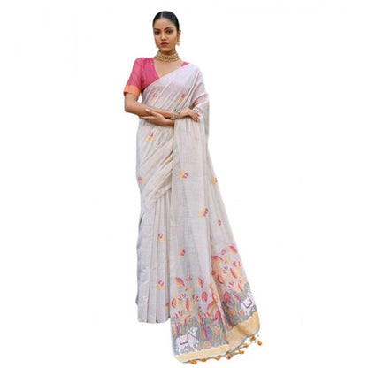 Women's Blended_Cotton Floral Weaving Pattern Saree With Unstitched Blouse 5.5Mtr (Yellow)
