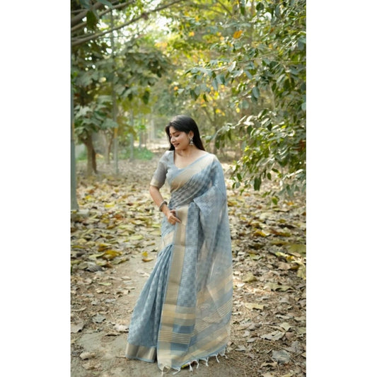 Women's Silk_Blend Checked Saree With Unstitched Blouse 5.5Mtr (Sky_Blue)