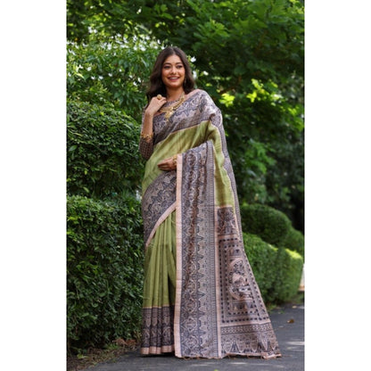 Women's Faux_Tussar Ethnic_Print Saree With Unstitched Blouse 5.5Mtr (Olive)