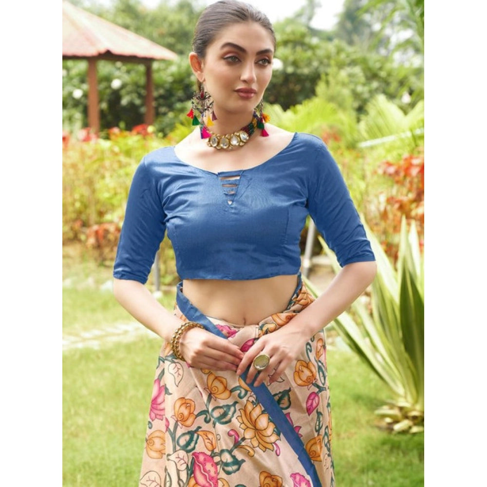 Women's Faux_Tussar Kalamkari_Print Saree With Unstitched Blouse 5.5Mtr (Blue)