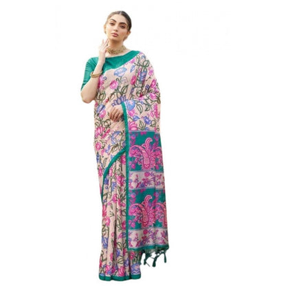 Women's Faux_Tussar Kalamkari_Print Saree With Unstitched Blouse 5.5Mtr (Green)