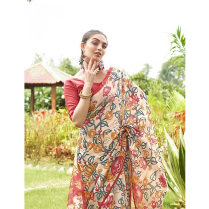Women's Faux_Tussar Kalamkari_Print Saree With Unstitched Blouse 5.5Mtr (Red)