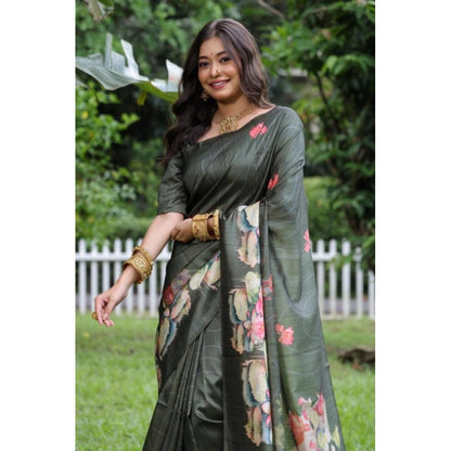 Women's Faux_Tussar Floral Saree With Unstitched Blouse 5.5Mtr (Olive)