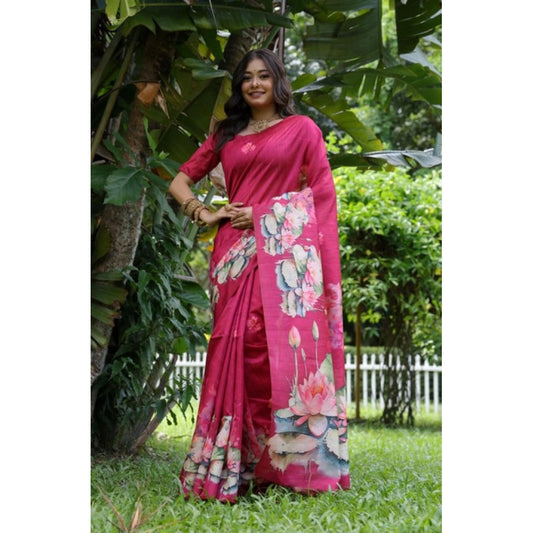 Women's Faux_Tussar Floral Saree With Unstitched Blouse 5.5Mtr (Pink)