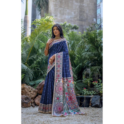 Women's Faux_Tussar Geometric_Print Saree With Unstitched Blouse 5.5Mtr (Blue)