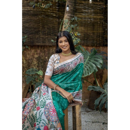Women's Faux_Tussar Geometric_Print Saree With Unstitched Blouse 5.5Mtr (Rama_Green)