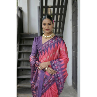 Women's Faux_Tussar Ikat Saree With Unstitched Blouse 5.5Mtr (Peach)