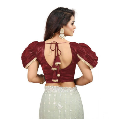 Women's Jimmy Solid V Neck Puff Sleeve Readymade Blouse (Maroon 38 , Alterable up to 42)-PID65840