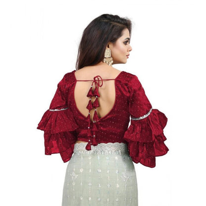 Women's Organza Solid V Neck Layered Ruffle Sleeve Readymade Blouse (Maroon Free Size , up to 38–40 Bust)-PID65854