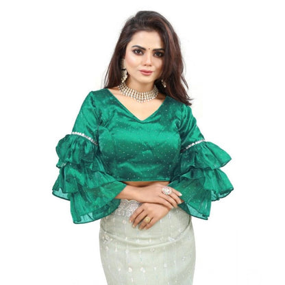 Women's Organza Solid V Neck Layered Ruffle Sleeve Readymade Blouse (Rama Free Size , up to 38–40 Bust)-PID65857