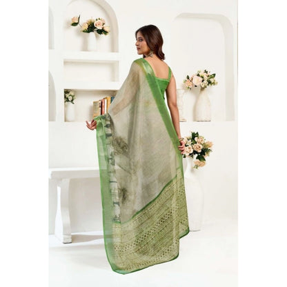 Women's Faux Linen Printed Ready to wear Saree With Unstitched Blouse 5.5Mtr (Light_Green)