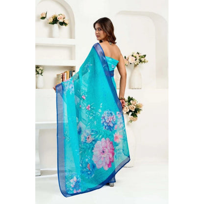 Women's Faux Linen Floral Print Ready to wear Saree With Unstitched Blouse 5.5Mtr (Light_AquaBlue)