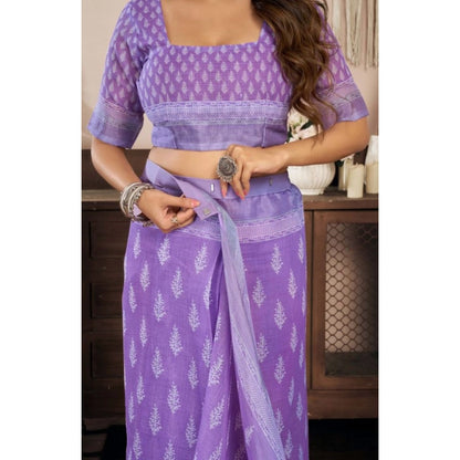 Women's Faux Linen Floral Ready to wear Saree With Unstitched Blouse 5.5Mtr (Lavender)