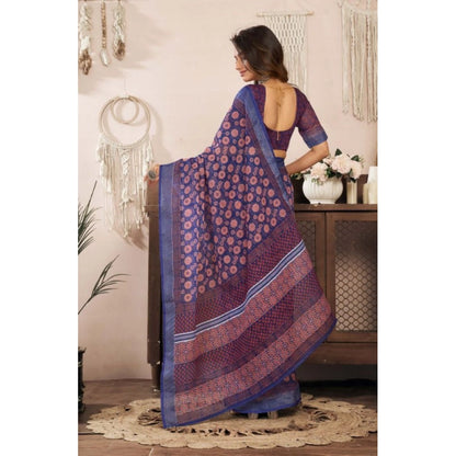 Women's Faux Linen Floral Print Ready to wear Saree With Unstitched Blouse 5.5Mtr (Dark_NavyBlue)