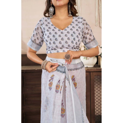 Women's Faux Linen Floral Print Ready to wear Saree With Unstitched Blouse 5.5Mtr (Off_White)