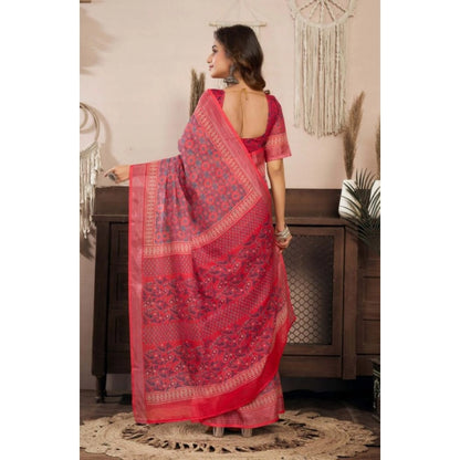 Women's Faux Linen Geometric Print Ready to wear Saree With Unstitched Blouse 5.5Mtr (Red)