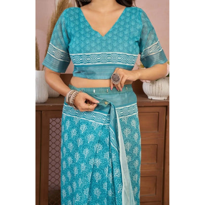 Women's Faux Linen Floral Print Ready to wear Saree With Unstitched Blouse 5.5Mtr (AquaBlue)