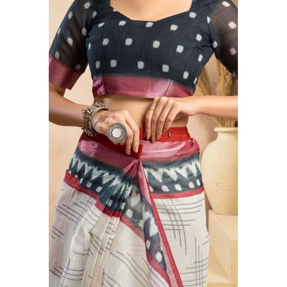 Women's Faux Linen Floral Print Ready to wear Saree With Unstitched Blouse 5.5Mtr (OffWhite)