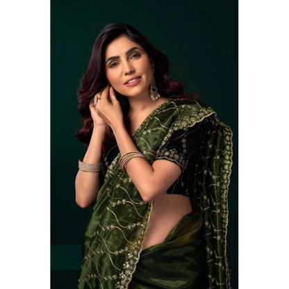 Women's Net Sequence Saree With Unstitched Blouse 5.5Mtr (Light Green)