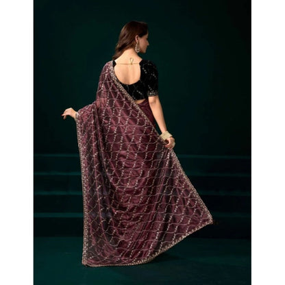 Women's Net Sequence Saree With Unstitched Blouse 5.5Mtr (Maroon)