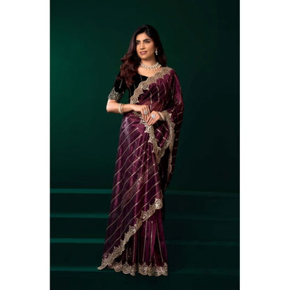 Women's Net Sequence Saree With Unstitched Blouse 5.5Mtr (Maroon)