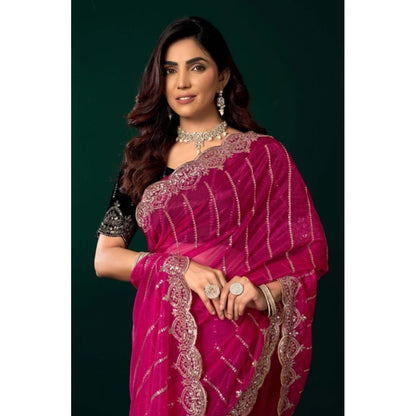 Women's Net Sequence Saree With Unstitched Blouse 5.5Mtr (Pink)