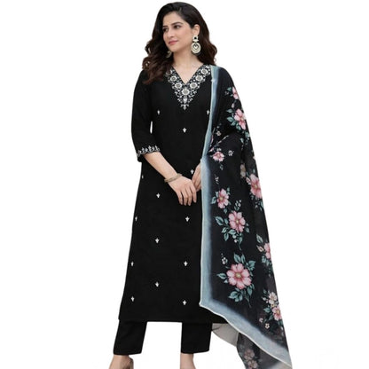 Women's Chanderi Silk Ethnic Motif V-Neck 3/4th Sleeve Kurti With Pant Dupatta Set (Black)
