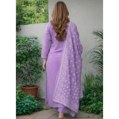 Women's Chanderi Silk Ethnic Motif Round 3/4th Sleeve Kurti With Pant Dupatta Set (Lavender)