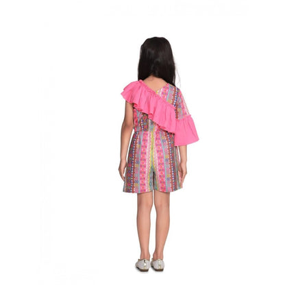 Generic Girl's Cotton   Polyester Printed 3/4th Sleeves Dress (Pink)