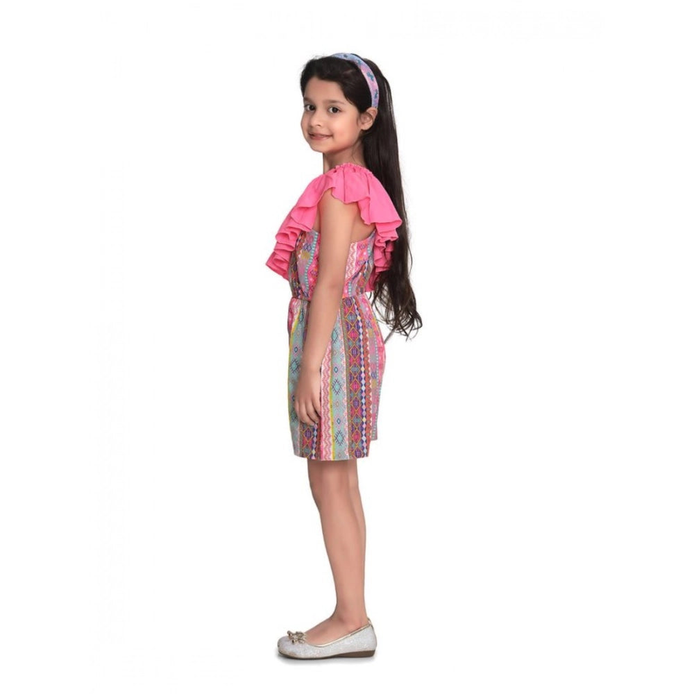 Generic Girl's Cotton   Polyester Printed 3/4th Sleeves Dress (Pink)