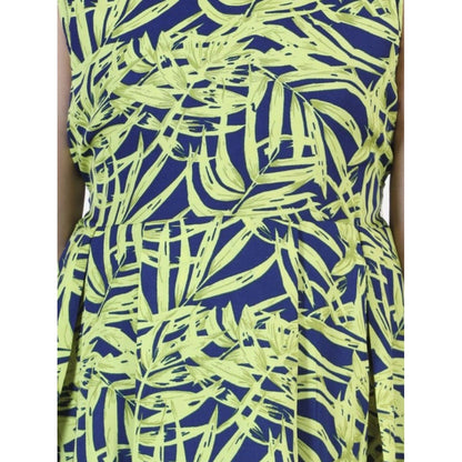 Generic Girl's Polyester Crepe   Net Printed Sleeveless Dress (Yellow-Blue)