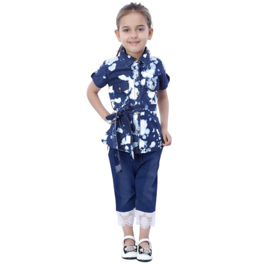 Generic Girl's Denim Tie   Dye Short Sleeve Top (Blue-White)
