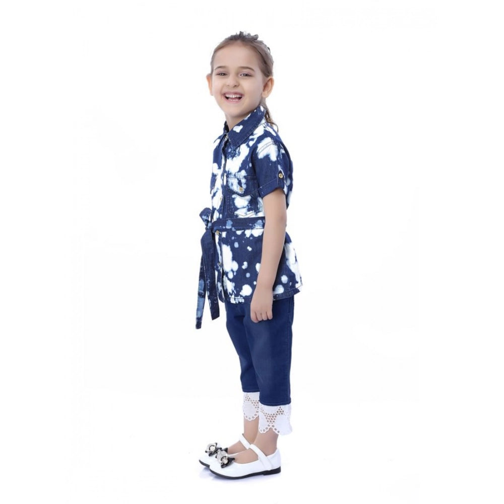 Generic Girl's Denim Tie   Dye Short Sleeve Top (Blue-White)