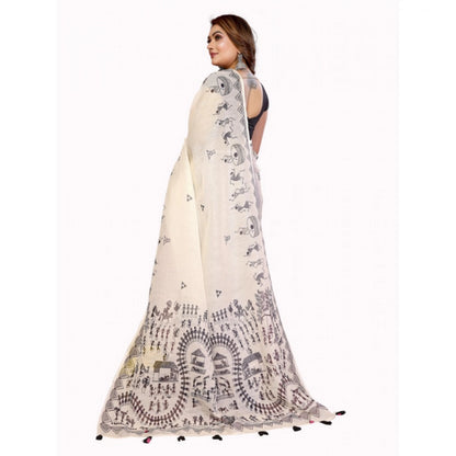 Women's Linen Cotton Printed Saree With Unstitched Blouse 5.5Mtr (Off White)