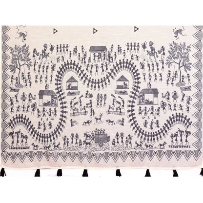 Women's Linen Cotton Printed Saree With Unstitched Blouse 5.5Mtr (Off White)