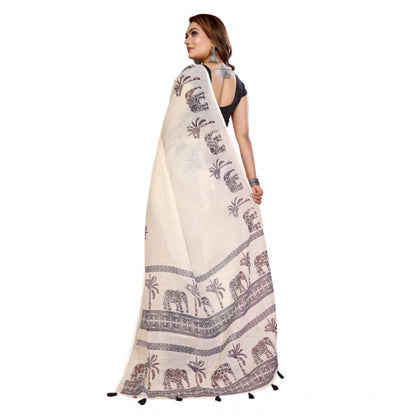 Women's Linen Cotton Printed Saree With Unstitched Blouse 5.5Mtr (Off White)