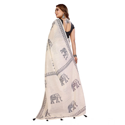 Women's Linen Cotton Printed Saree With Unstitched Blouse 5.5Mtr (Off White)