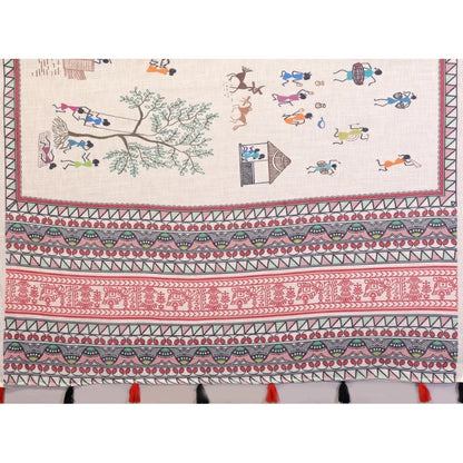 Women's Linen Cotton Printed Saree With Unstitched Blouse 5.5Mtr (Off White)