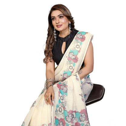 Women's Linen Cotton Printed Saree With Unstitched Blouse 5.5Mtr (Off White)
