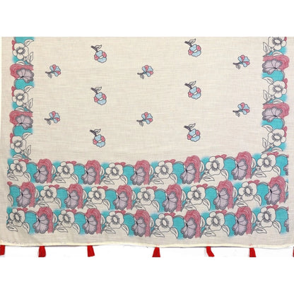 Women's Linen Cotton Printed Saree With Unstitched Blouse 5.5Mtr (Off White)