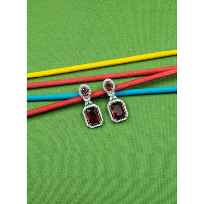Women's Brass Silver Plated Drop Earrings (Red)