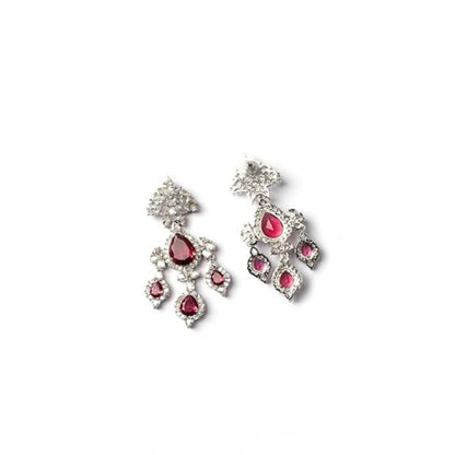Women's Brass Silver Plated Drop Earrings (Red)