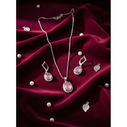 Women's Brass Silver Plated Pendant Set (Pink)