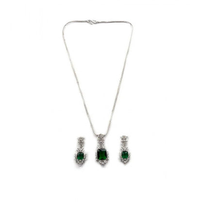 Women's Brass Silver Plated Pendant Set (Green)