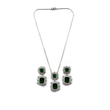 Women's Brass Silver Plated Pendant Set (Green)