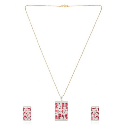 Women's Brass Silver Plated Pendant Set (Red)