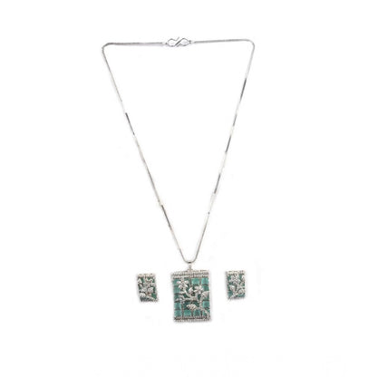 Women's Brass Silver Plated Pendant Set (Turquoise)