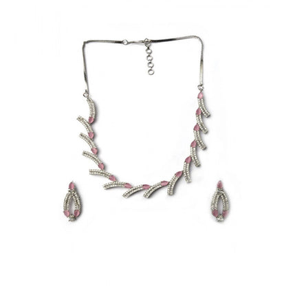 Women's Brass Silver Plated Necklace set (Pink)