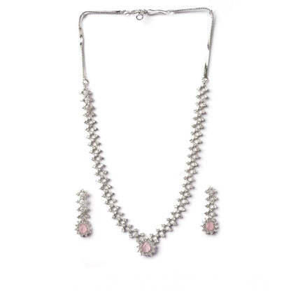 Women's Brass Silver Plated Necklace set (Pink)